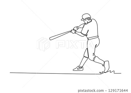 Single one line drawing baseball player with bat doing powerful hit in action during match in field stadium. Sports, win, winner, competition. Continuous line draw design graphic vector illustration 129171644