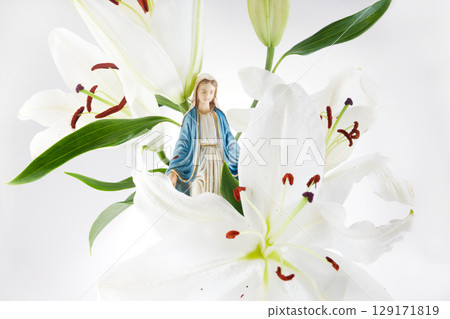 Assumption of Virgin Mary with White Lilies on white Background 129171819