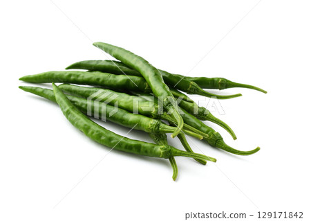 Green chili peppers (white background, copy space available) Green chili peppers (white background, copy space available) 129171842