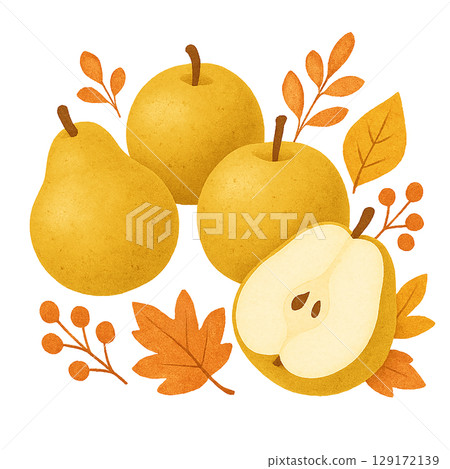 切好的水果與秋梨和秋葉的插圖 切好的水果與秋梨和秋葉的插圖 129172139