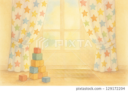 帶有星形窗簾和積木的窗戶 129172204