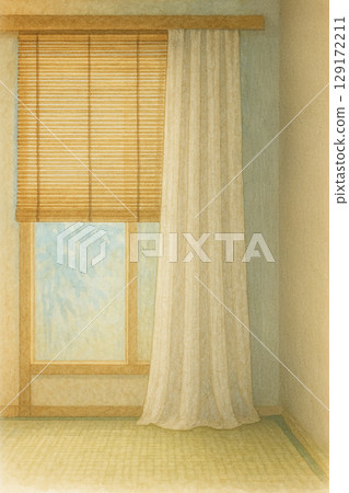 Reed blinds and off-white curtains in a Japanese-style room 129172211
