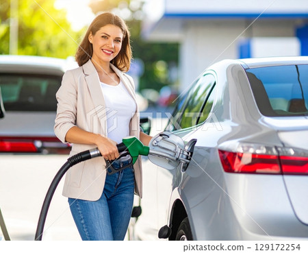 Woman refueling at a gas station 129172254