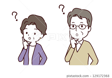 一對思考的老年夫婦的插畫素材 129172368