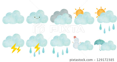 水彩風格天氣圖示集插圖 水彩風格天氣圖示集插圖 129172385