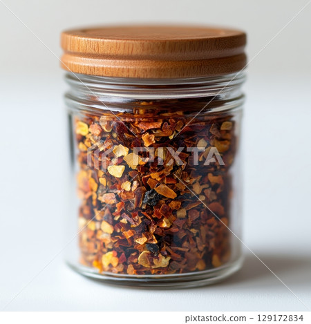 Close-up View of Chili Flakes in a Glass Jar with Wooden Lid 129172834
