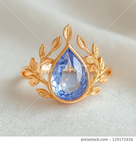 Elegant Gold Ring with Blue Gem and Leaf Design for Jewelry Lovers 129172838