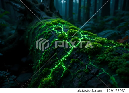 Bioluminescent Moss on a Decaying Log in a Dark Forest 129172981