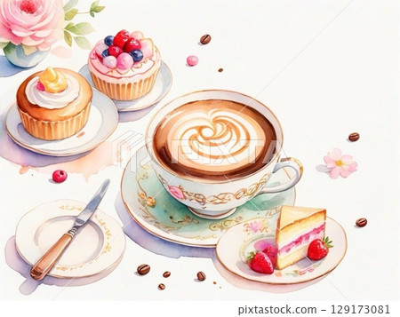 11 watercolor coffee and sweets illustrations 129173081