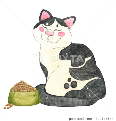 A black and white cat sits next to a green cup filled with pet food. Watercolor illustration hand drawn, cartoon. Drawing for stickers, cards, posters. Feed, cat, food, nutrition, cup, green A black and white cat sits next to a green cup filled with pet food. Watercolor illustration hand drawn, cartoon. Drawing for stickers, cards, posters. Feed, cat, food, nutrition, cup, green 129173178
