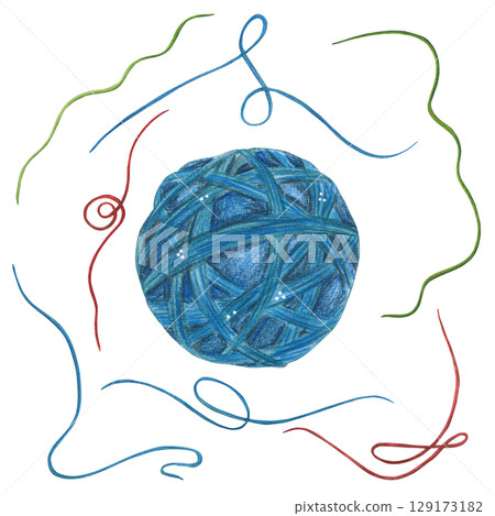 A blue ball of thread surrounded by threads. Watercolor illustration hand drawn cartoon. Drawing for blanks, stickers, scrapbooking. Threads, knitting, wool, queens, cat 129173182