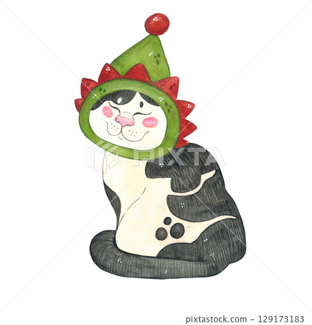 Cat black and white in a Christmas elf hat, Santa's assistant. Watercolor illustration hand drawn, cartoon. Drawing for stickers, cards, scrapbooking. Cat, pet, toy, costume, hat, masque 129173183