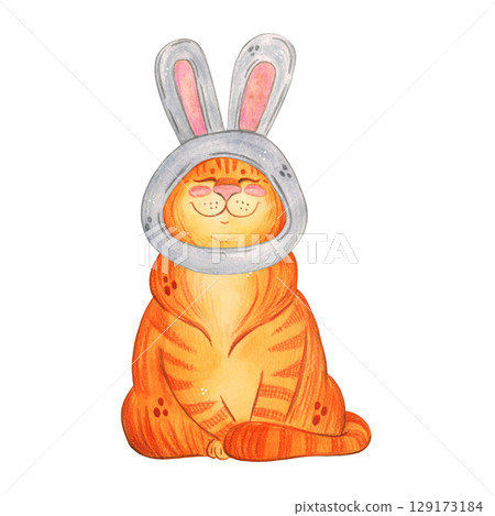 Cat red in a hat and a hare. Watercolor illustration hand drawn, cartoon. Drawing for stickers, cards, scrapbooking. Cat, pet, toy, costume, hat, masquerade, party, fun, pet  129173184