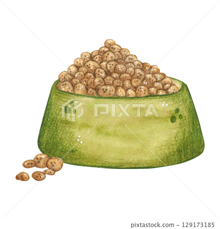 Green cup with pet food. Watercolor illustration hand drawn, cartoon. Drawing for stickers, cards, posters. Food, cat, dog, food, nutrition, cup, green, bowl, treat 129173185