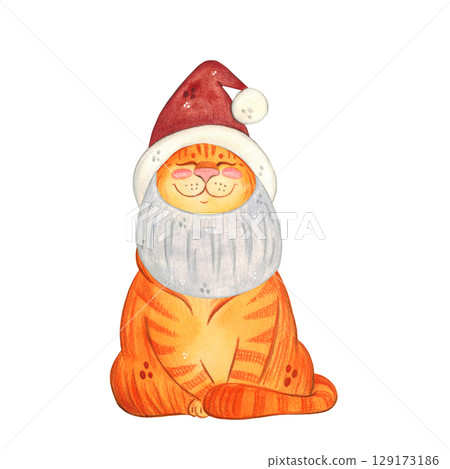 Cat red in a Santa Claus hat and beard against. Watercolor illustration hand drawn, cartoon. Drawing for stickers, cards, scrapbooking. Cat, pet, toy, costume, hat, masquerade 129173186