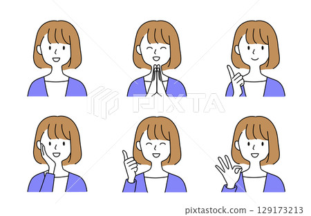 Set of illustrations of a woman with medium length hair expressing positive emotions with various gestures Set of illustrations of a woman with medium length hair expressing positive emotions with various gestures 129173213