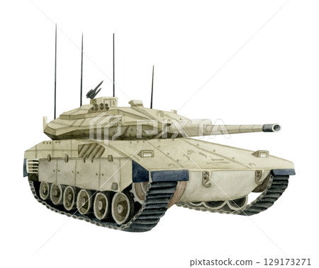 Merkava Mark IV tank realistic hand drawn watercolor illustration isolated on white in dusty camouflage colors. Israeli military machine of IDF clip art with armored vehicle 129173271