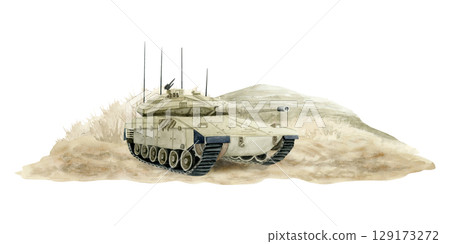 Israel Tank Merkava Mark IV in desert sand hand drawn watercolor illustration isolated on white in dusty camouflage colors. Israeli military machine of IDF clip art Israel Tank Merkava Mark IV in desert sand hand drawn watercolor illustration isolated on white in dusty camouflage colors. Israeli military machine of IDF clip art 129173272