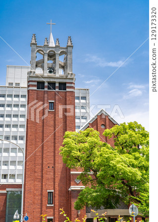 The United Church of Christ in Japan, Kobe Eiko Church (red brick church) steeple, Shimoyamate-dori, Chuo-ku, Kobe The United Church of Christ in Japan, Kobe Eiko Church (red brick church) steeple, Shimoyamate-dori, Chuo-ku, Kobe 129173320