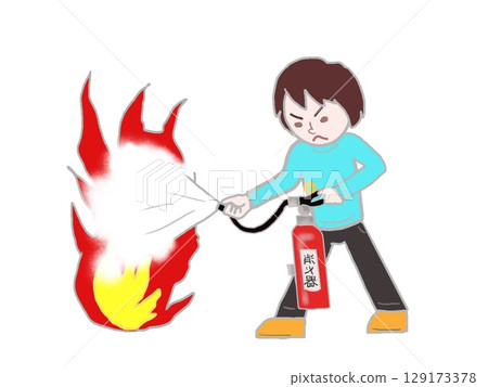 Illustration of a young man fighting a fire with a fire extinguisher 129173378
