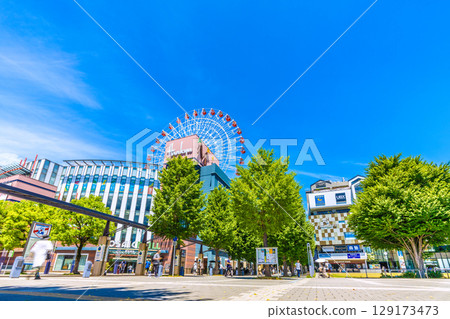 Yokohama cityscape in August, Japan. View of Center-Kita Station, Tsuzuki Hankyu, Ferris wheel, etc. 129173473