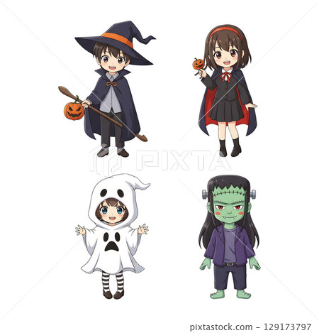 A cute child in a anime-style cartoon Halloween costume, happy for Halloween. Transparent background. 129173797