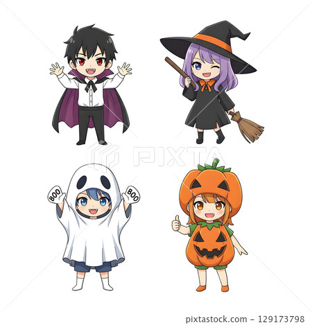 A cute child in a anime-style cartoon Halloween costume, happy for Halloween. Transparent background. 129173798
