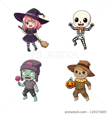 A cute child in a anime-style cartoon Halloween costume, happy for Halloween. Transparent background. 129173805