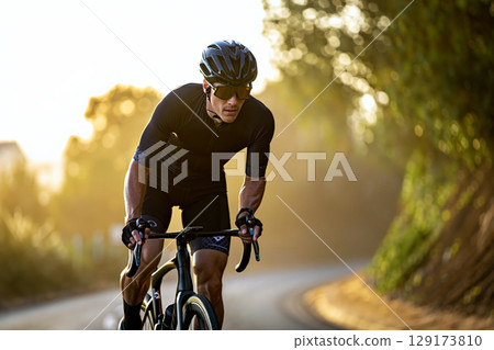 Cyclist Training on Winding Road During Golden Hour by the Trees 129173810