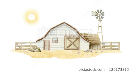 Fall farm barn landscape with windmill and wooden fence on sand ground with rocks watercolor isolated illustration. Hand drawn rural farmhouse horizontal clip art for autumn village designs 129173813