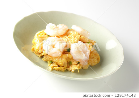 Chinese stir-fried shrimp and eggs photographed on a white background Chinese stir-fried shrimp and eggs photographed on a white background 129174148