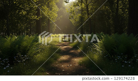 Peaceful forest path with wooden bench in dappled sunlight 129174228