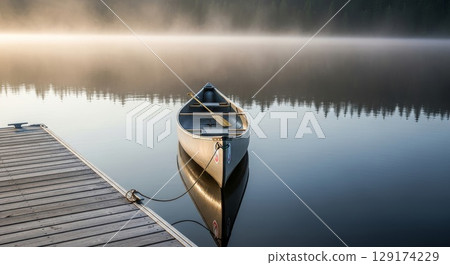 Peaceful morning canoe tied to wooden dock on calm lake 129174229
