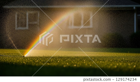 Rainbow Formation in Garden Sprinkler Water Spray on Green Lawn 129174234