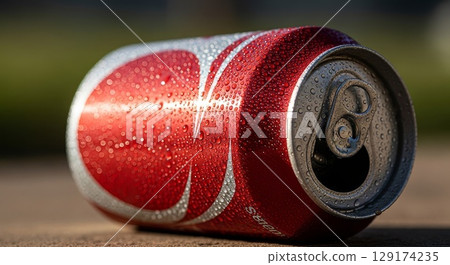 Red aluminum beverage can with water droplets macro photography 129174235