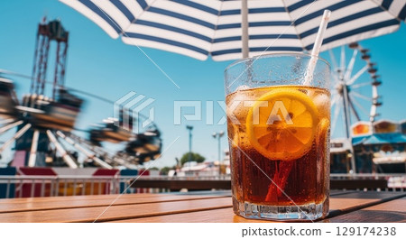 Refreshing iced drink with orange slice at amusement park 129174238