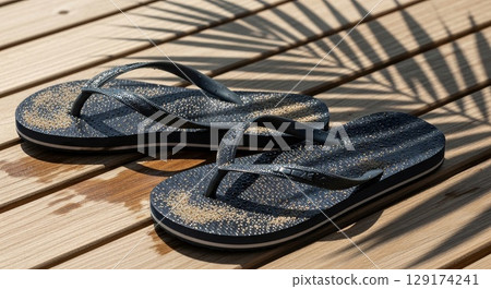 Sparkly flip-flops on wooden deck with palm leaf shadows 129174241