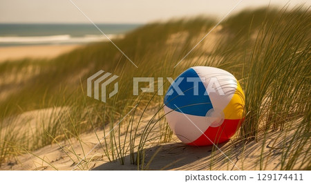 Colorful Beach Ball on Sand Dunes with Ocean View 129174411