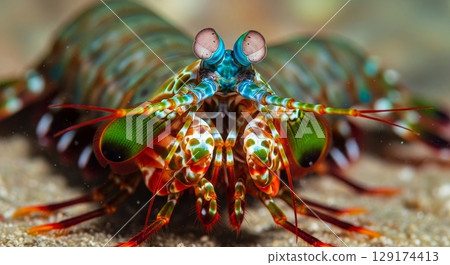 Colorful Mantis Shrimp Close-up Portrait with Vibrant Eyes and Details 129174413
