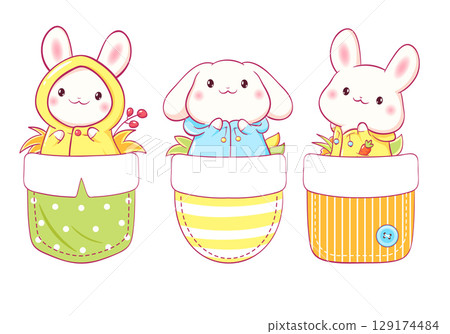 Hello autumn. Little bunny in raincoat in pocket. Baby collection of cute pets in slicker in pockets. Set of vector childish print with rabbits. Can be used for t-shirt, stickers, greeting card design Hello autumn. Little bunny in raincoat in pocket. Baby collection of cute pets in slicker in pockets. Set of vector childish print with rabbits. Can be used for t-shirt, stickers, greeting card design 129174484