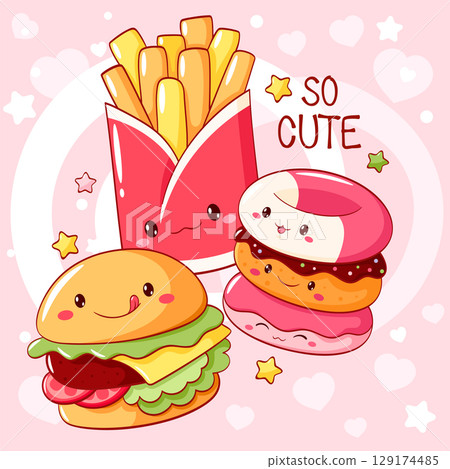 Best friends forever. Collection of cute fast food items characters. Burger, french fries, donuts in kawaii style. Can be used for t-shirt print, sticker, greeting card. Vector illustration EPS8 Best friends forever. Collection of cute fast food items characters. Burger, french fries, donuts in kawaii style. Can be used for t-shirt print, sticker, greeting card. Vector illustration EPS8 129174485