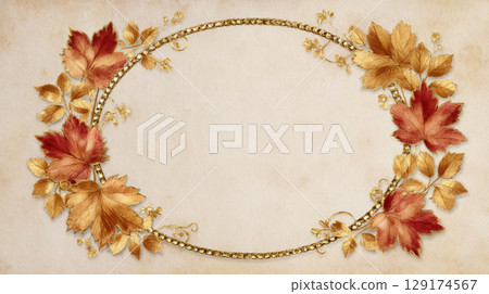 autumn border, golden leaves swirling around frame over textured parchment background 129174567