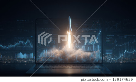 rocket launching from laptop keyboard surrounded by charts and data streams, symbol of startup launch 129174639