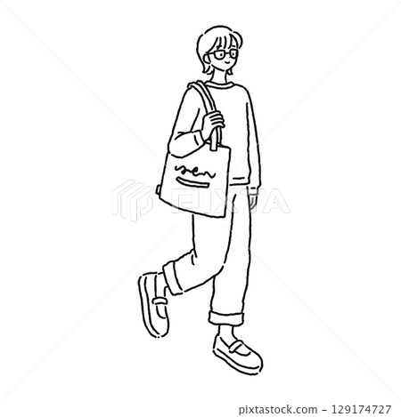 休閒時尚的女人戴著眼鏡線條畫 休閒時尚的女人戴著眼鏡線條畫 129174727