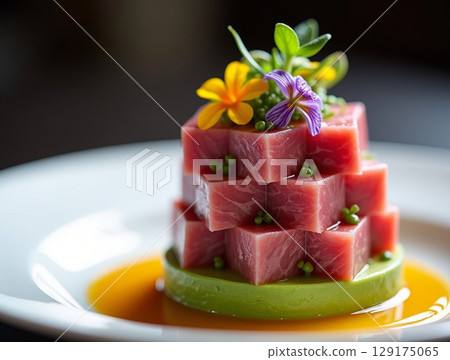 Artistic Raw Tuna Tartare Stack with Avocado and Edible Flower Plating 129175065