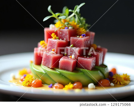 Elegant Tuna Tartare Tower on Sliced Avocado Base with Floral Garnish 129175066