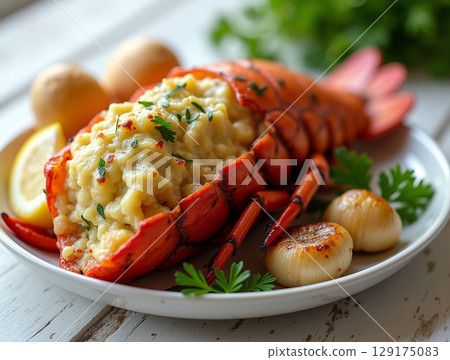 Gourmet Grilled Lobster Tail with Creamy Filling and Roasted Vegetables 129175083