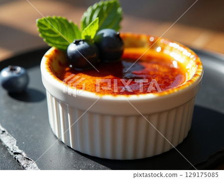 Elegant Creme Brulee with Fresh Blueberries and Mint on a Dark Plate 129175085