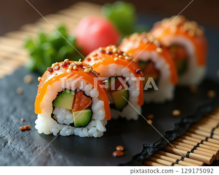 Closeup of Dragon Sushi Rolls with Fresh Salmon and Avocado 129175092