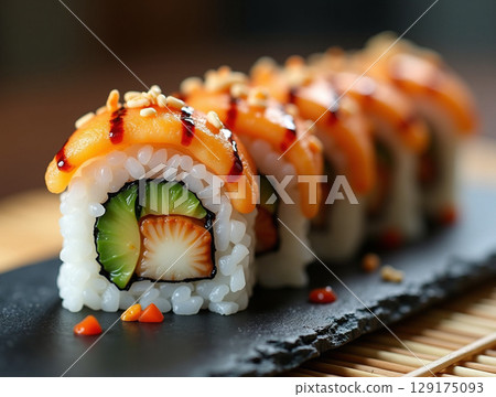 Macro Photo of Dragon Sushi Roll with Grilled Eel and Avocado 129175093